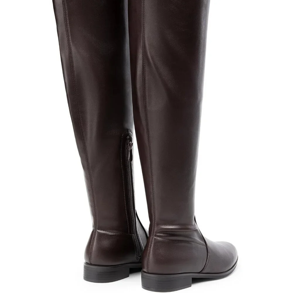 🆕Women's Brown-pu Thigh High Low Block Heel Casual Fashion Over the Knee Boots